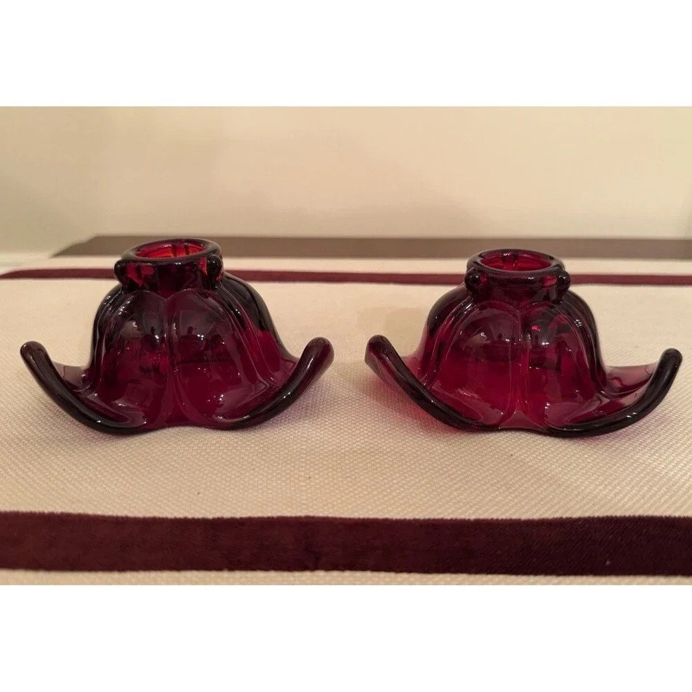 Vintage 1930s Ruby Red Duncan Miller Glass #71 American Leaf Candleholder Set